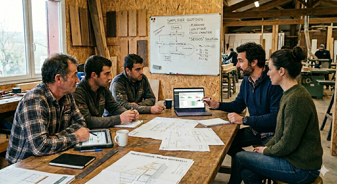 L'équipe SEIGOS et des artisans autour d'un tableau « Simplifier le quotidien », en atelier